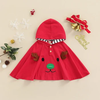 1-5 Anos Crianças Casual De Natal Do Cabo De Inverno Vermelho Antler Padrão De Bordado Com Capuz Do Manto, Em 2022, Ano Novo Vestuário