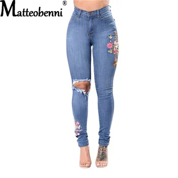 2021 Vintage De Estiramento Apertadas, Jeans Lápis Mulheres Sexy Cintura Alta Bordado De Estampa Floral Ripped Jeans Slim Cuecas, Calças