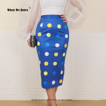 2022 Moda Elegante das Mulheres Slim Sexy Saia Lápis VD2772 Azul com Bolinhas Coloridas de Impressão Senhoras Festa Saia Midi