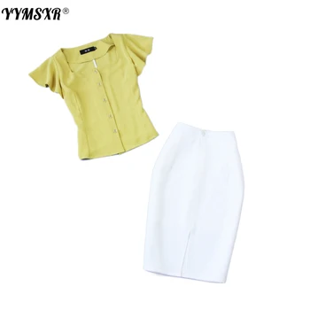 2022 Mulheres de Verão da Nova Luz Amarela da Folha de Lotus Camisa de Manga + Verde Escuro Saco de Quadril, a Saia Lápis de Alta Qualidade 2 peças de Conjunto