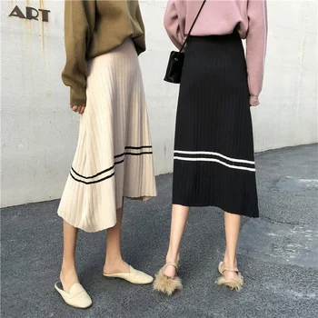 2022 Outono, Moda de Inverno Mulheres a Faixa de Impressão de Uma linha de Cintura Alta Camisola de Malha com Saia Feminina Saias Longas Jupe Femme Y691
