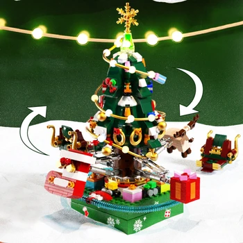 722PCS Árvore de Natal de Rotação de Luz Caixa de Música Blocos de Construção Elk Papai Noel Figuras MOC Tijolos DIY de Brinquedos Para Crianças de Presente