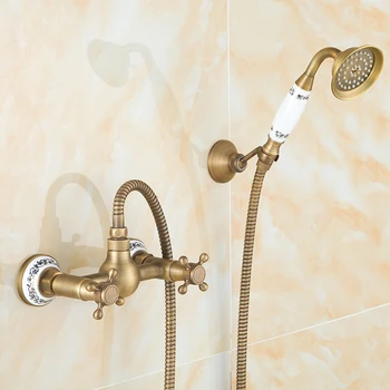 Antigo de parede de cobre do chuveiro conjunto torneira de água quente e fria, Europeu conjunto de chuveiro de casa de banho de chuveiro, misturador do torneira toque vintage