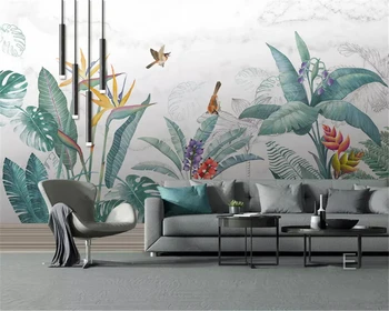 beibehang Personalizado clássico papel de parede papel de parede Nórdicos pintados à mão fresca de plantas tropicais, flores e aves de fundo murais