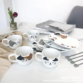 Bonito dos desenhos animados do gato de cerâmica xícara de café e pires conjunto restaurante de pequena capacidade copo de água hotel sobremesa caneca