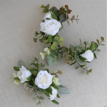 Branco De Noiva Floral Pente De Cabelo De Acessórios De Folha Verde De Dama De Honra De Cabelo Grinalda De Noiva Capacete