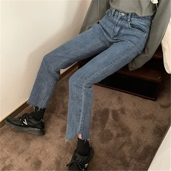 Calças de Brim das mulheres Corrida Lenta coreano Solto em linha Reta, Preto e Velo calças de Brim das Mulheres de Outono 2019 Novo Cintura Alta Trecho Calças