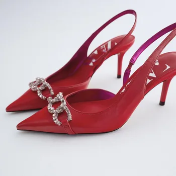 Cristal das mulheres sapatos de bico vermelho sandálias das mulheres