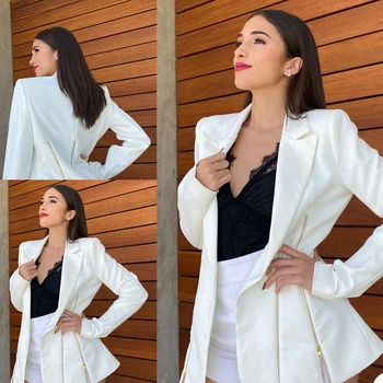 Elegante Blazer Das Mulheres, O Pico De Lapela Do Casaco De Moda Sólido Branco Jaqueta De Senhoras Casual, Roupa Diária, Vestido