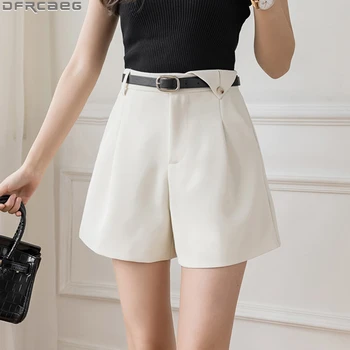 Elegante OL Cintura Alta das Mulheres Shorts Fashion Estilo coreano de Verão de Calças Curtas Femme Ampla Perna Solta Senhoras Terno Shorts Preto Branco