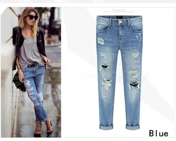 Europeus e Americanos, as Mulheres Fundos de Calças Jeans Verão De 2019 Destruído Buraco de Algodão Denim Azul Casual Jean Meados de Lápis de Cintura da Calça