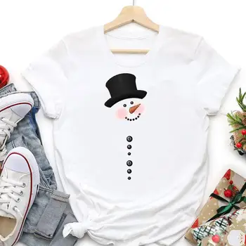 Feliz Natal as Mulheres Engraçado Boneco de neve De 2022 no Inverno Tendência do Gráfico T-shirts de Férias Tshirt Ano Novo O pescoço dos desenhos animados de Viagem Topo Tees