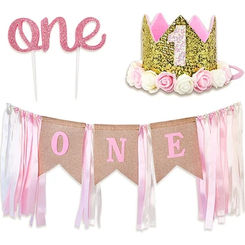 festa de aniversário de decorações para a Menina Cadeira Alta Faixa de um cor-de-rosa Banner Primeiro Aniversário Coroa Bolo Topper do chuveiro de bebê Decoração para uma Festa