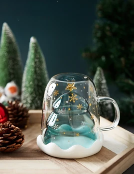 Frete grátis Árvore de Natal Caneca Inovador Presente de Natal Drinkwares de duas camadas de Vidro Térmica Ano Novo, Decoração com Tampa