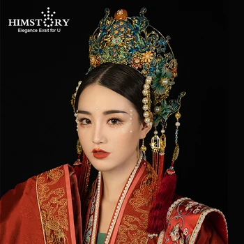 HIMSTORY Grande Rainha da Dinastia Ming Cabelo Coroa Retro Cobre de Verde Chinesa Capacete Vermelho de Borla Hairwear Acessórios