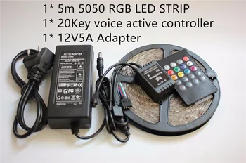 Impermeável 5050 LED Strip RGB 5M 300 Led 20 Teclas de Música de Voz, Sensor de Controle de 12V 5A Adaptador de Energia de Luz Flexível Frete Grátis