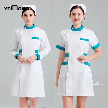 Jaleco branco de manga curta farmácia macacão mulheres dental longa secção salão de beleza, roupas uniforme de enfermeira esfrega uniforme