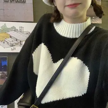 Japão Kawaii Amor De Linha De Camisola Mulheres Da Moda De Inverno Coreano Doce Camisola De Malha Cor-Bloco Camisola Interior Emo Roupas Vintage