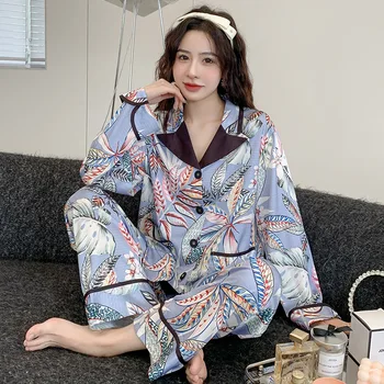 Jxgarb Primavera, a Nova safra de Cetim Nighty Pijama Conjuntos Mulheres 2 Pedaços de Folhas de Impressão Casual Pijamas Femme Elegante Noite de Roupas