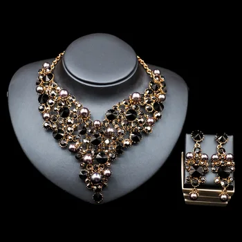 LAN PALÁCIO de fino colorido, colar de jóias conjunto simulado pérola austríaca de cristais colar e brincos para o casamento frete grátis