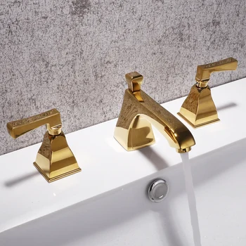 Luxo de Ouro, de bronze torneira pia do banheiro três furos de duas alças torneira misturadora de lavatório de qualidade superior, frio, quente torneira do banheiro