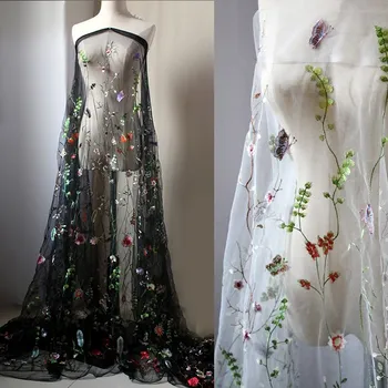 Luxo flor de tecido de malha de fios de plantas de flores bordado lace padrão perspectiva vestido vestido de tecido