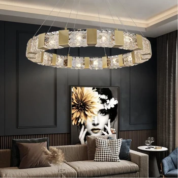 Luxo lustre de sala de cobre de cristal da lâmpada de sala de jantar quarto INS simples design criativo LED ring lâmpadas