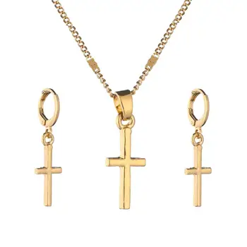 Moda Cor De Ouro Cruz Pingente De Colar, Brincos Do Conjunto De Mulheres Simples Jóias Crucifixo Cristão Conjuntos De Jóias