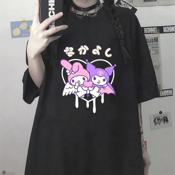 Moda Verão Kuromi T-shirt Sanrio dos desenhos animados Bonitos Aluno Estilo T-shirt Impresso Doce de Menina Casual, Confortável Solto Manga Curta
