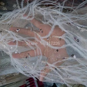 muito JRB-72015 de tule bordado laço de tecido com penas e pedras francês net laço de tecido para o vestido de noiva