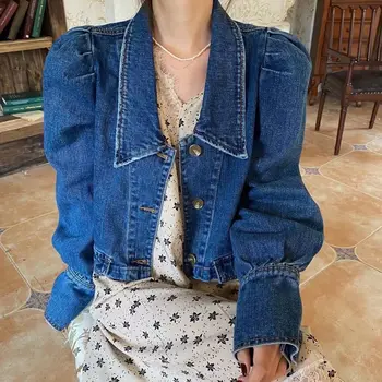 Mulher de Jeans, Casaco Vintage PoloCollar Pura Cor de Mangas compridas Solta Curto Casaco de Atacado Outono 2021 Nova Moda de Roupas de Senhora