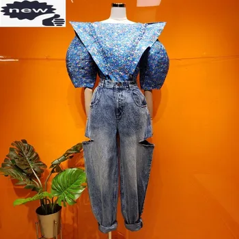 Mulher Designer Floral Solta Puff Camisas De Manga Cintura Alta Bezerro Comprimento De Moda Elegante Blue Lace-Up Tops Buraco Zip Jeans