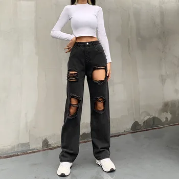 Mulher Jeans De Cintura Alta Rasgado Casual Solta Calça De Algodão Preto De Streetwear Qualidade Vintage 2021 Moda Harajuku Reta Calças