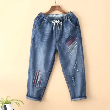 Mulheres de Calças de Verão de Seção Fina Cintura Alta Solta Cortada Calças de Cintura Elástica Bordado Buraco Jeans sarouel