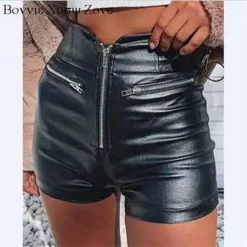 Mulheres de Cintura Alta com Zíper Design PU Shorts de couro Chique Skinny Shorts Diária