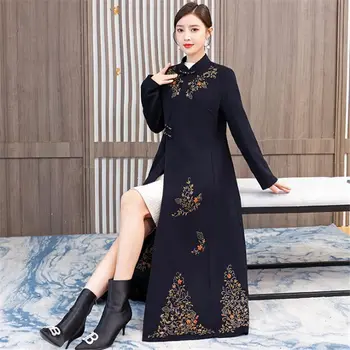 Mulheres De Meia-Idade Roupas De Inverno Chinês Jaqueta Retrô Bordado De Lã Casaco Tamanho Grande Soltas Longo Blusão Casacos M1759