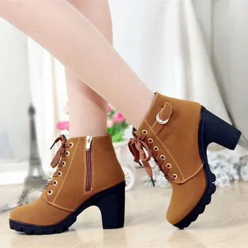 Mulheres tornozelo botas outono mulheres sapatos de salto de 8,5 cm de lace-up de mulheres botas botas de mulher plus size