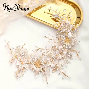 NiuShuya Artesanal Lindo de Ouro Cristal Strass Floral Folha de Casamento acessórios de Cabelo Cabelo Vinha de Noiva Cabeça Hairband