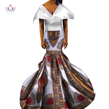 Novo Dashiki Africana de Impressão Vestidos Longos para as Mulheres Bazin Riche Ancara Xale V-pescoço Vestidos Vestidos de Estilo Africano Roupas WY546