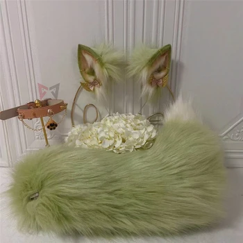 Novo Verde Matcha Pequeno De Leite Fox Ouvidos Hairhoop Cauda Brincos Colar Animal Lobo Cosplay Headwear De Simulação De Acessórios Do Traje