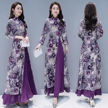 Novo Vietnã ao dai vintage étnica vestido longo roxo mulheres graciosas roupas orientais vestido de melhoria cheongsam
