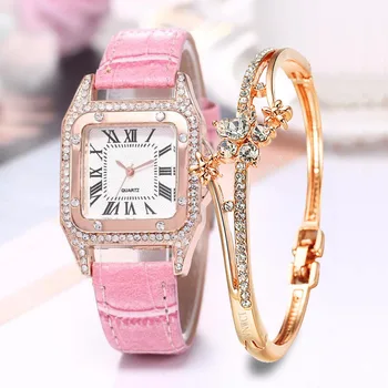 Novos Bens Mulheres Relógio De Diamantes Estrelado Pétala Pulseira De Relógio Conjunto De Senhoras Banda De Couro De Quartzo Relógio De Pulso Feminino Relógio Zegarek Damski