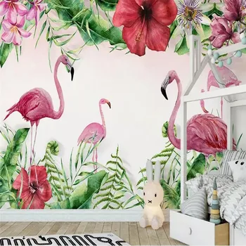 Pintados à mão medieval e tropical, o flamingo planta de fundo, pintura de parede fabricante atacadista de papel de parede mural de parede personalizado foto