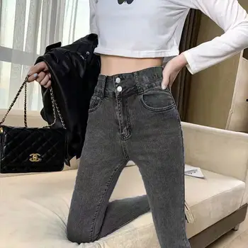 Preto Cinza de Lã Acolchoado calças de Brim das Mulheres 2021 Inverno Slim Fit Emagrecimento Versátil de Estiramento Apertadas Calças Skinny Estilo coreano