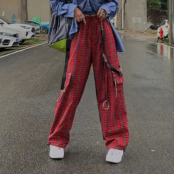 Punk Carga Da Manta Calças Para Mulheres Harajuku Goth Mulheres Gótico Vermelho Quadriculado Grande Perna De Calça Para Mulheres De Streetwear Moda Hippie