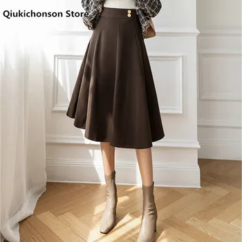 Qiukichonson Outono Inverno Saia De Lã Mulheres Coreano Moda Elegante De Senhoras, De Cintura Alta, Uma Linha De Saias Longas Manto Negro Femme Hiver