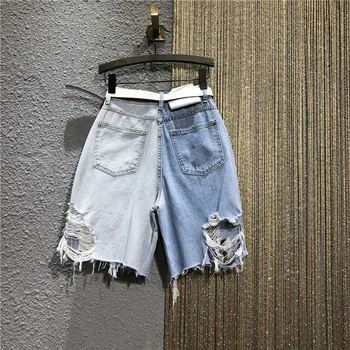 Rasgado Buraco Curto calças de Brim das Mulheres de Verão de Cintura Alta em linha Reta de Borla Joelho de Comprimento do Shorts Doce Casual Fina Shorts Jeans Feminino S-XL