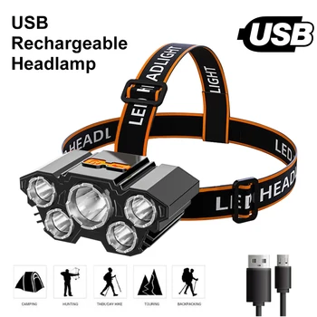 Recarregável USB 5LED Farol Lanterna Portátil Lanterna Tocha Lâmpada de Luz de Trabalho para Camping Farol de Bicicleta
