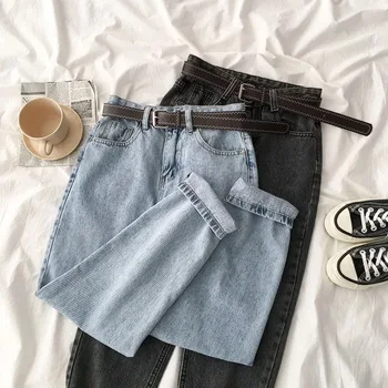 Reta de Cintura Alta Jeans com Cinto Vintage do Tornozelo-Comprimento de Streetwear Calças Minimalista coreano Moda Womé Calças