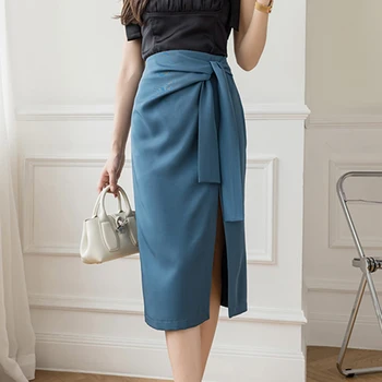 Saias Das Mulheres 2022 Verão Coreano Moda Senhora Do Escritório De Cintura Alta, Uma Linha De Curativo De Fenda Azul Saia Midi Elegante Faldas